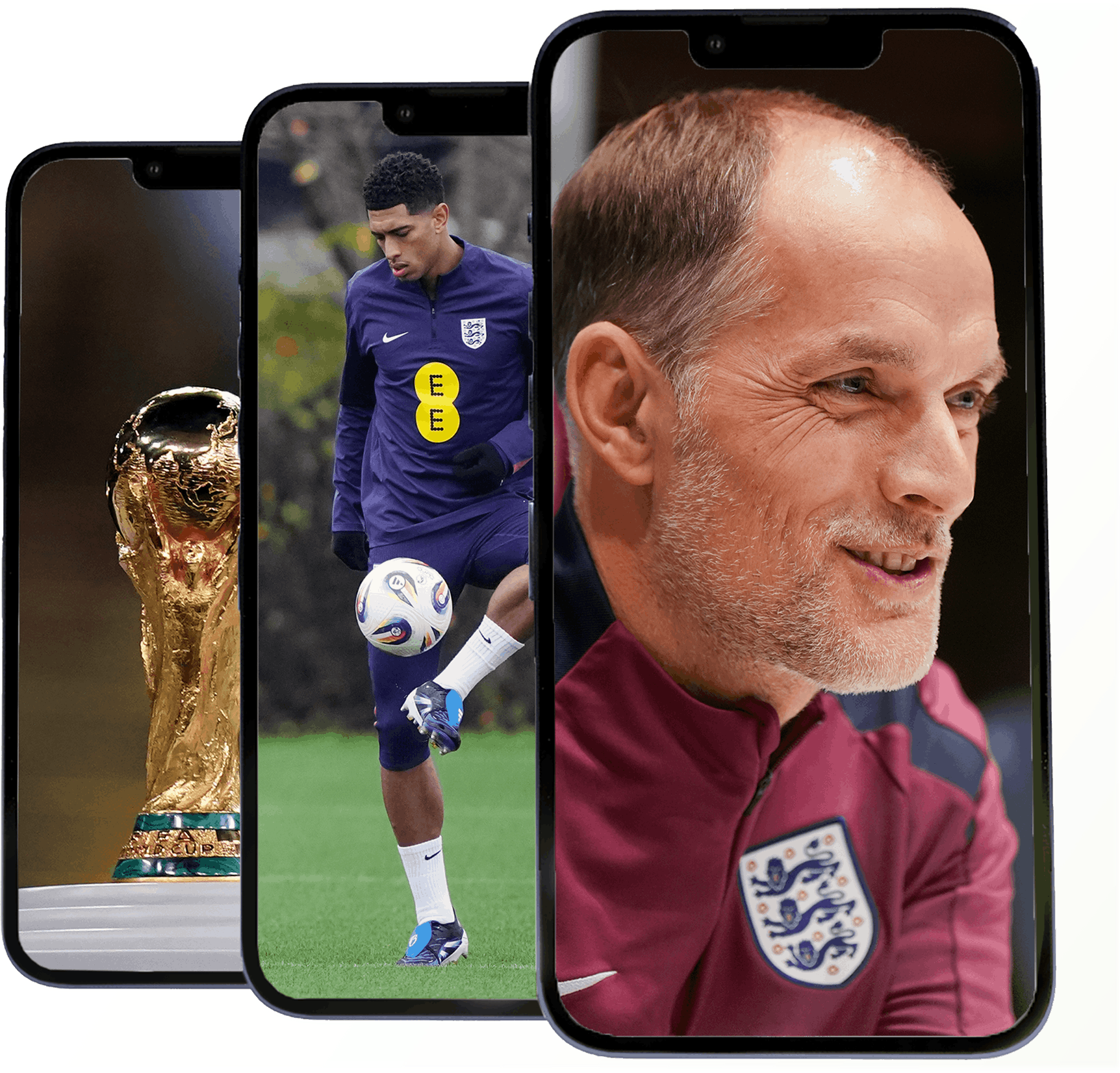 A collage of three smartphone screens: a World Cup trophy, a soccer player in a purple England tracksuit kicking a ball, and a smiling man in a maroon England jacket.