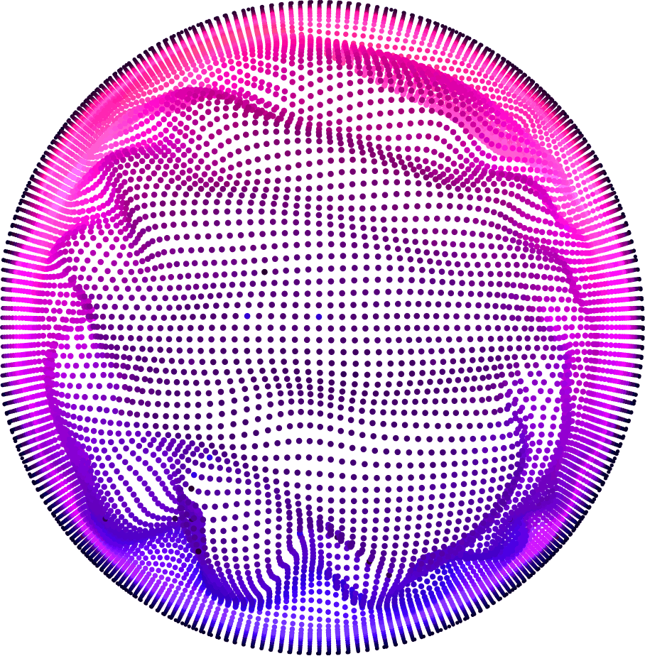 A digital sphere with a vibrant gradient of pink to purple dots forms abstract wave patterns on a black background, creating a dynamic, futuristic feel.